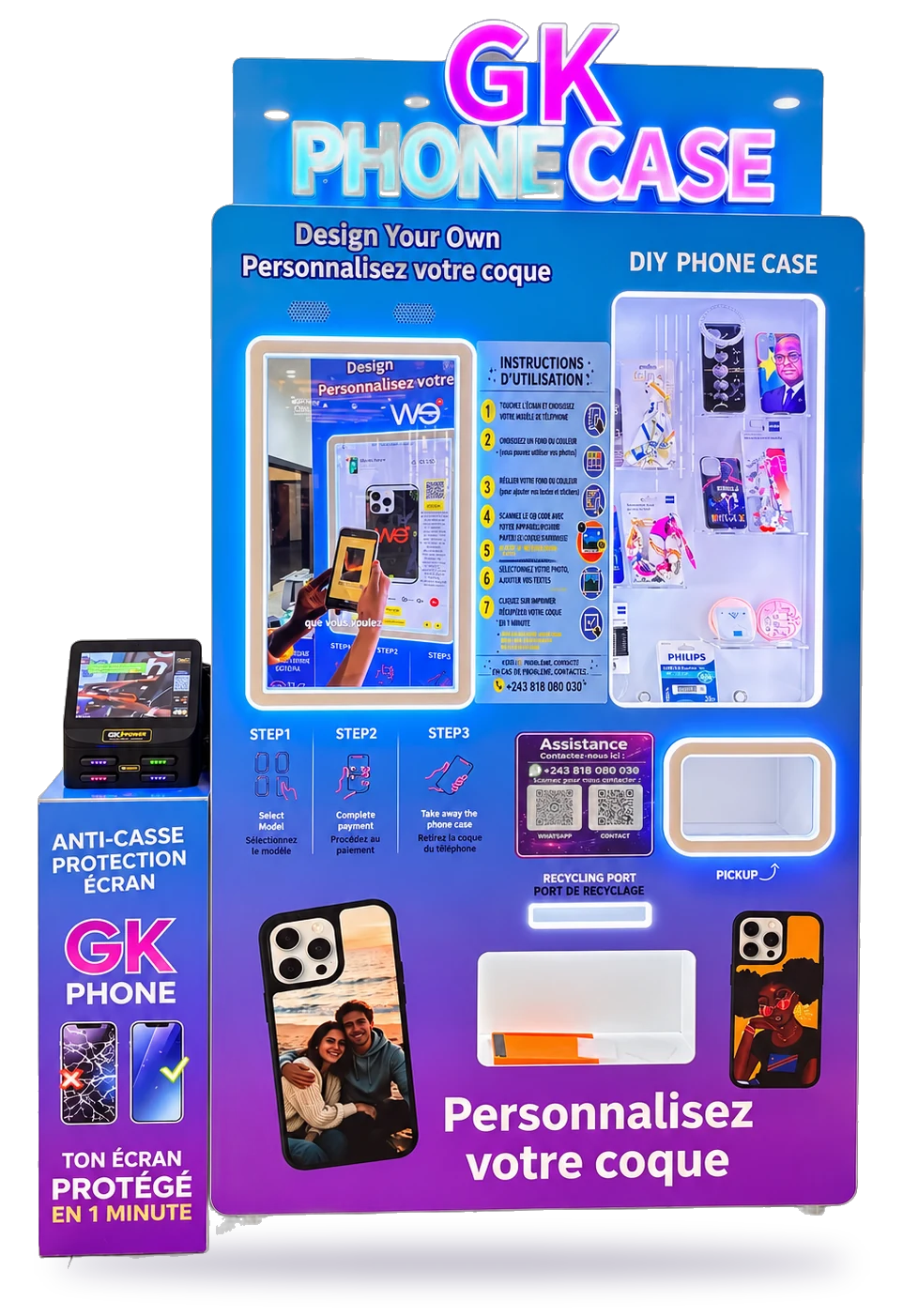 Machine GK PHONECASE : écran de personnalisation, vitrine de coques, bac de retrait et présentoir anti-casse